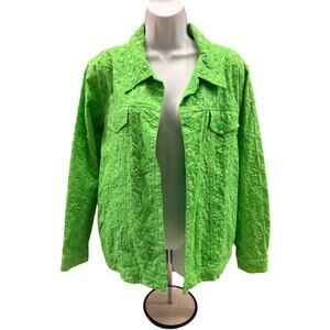 Vtg Quacker Factory women L Cotton Seed Pearls Eyelet Embroidered Green Jacket